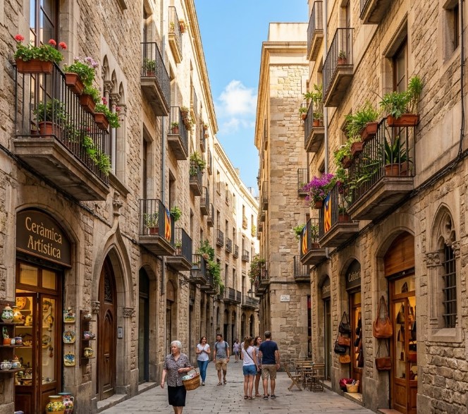 Vistas de las calles peatonales de piedra, fincas históricas y arquitectura gótica en El Gòtic, Barcelona
